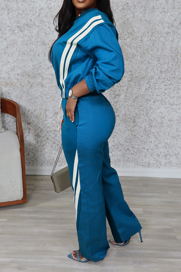 Casual Round Neck Colorblock Sweatshirt & Pants Set