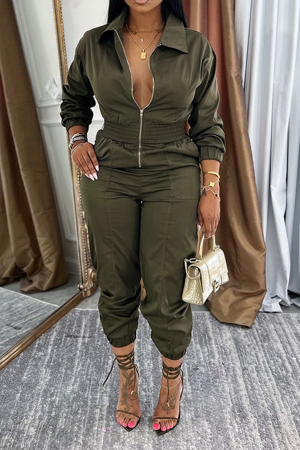 Casual Shirt Collar Zip Up Tapered Jumpsuit
