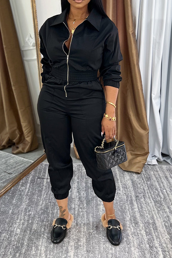Casual Shirt Collar Zip Up Tapered Jumpsuit