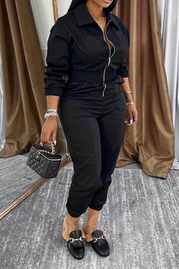 Casual Shirt Collar Zip Up Tapered Jumpsuit