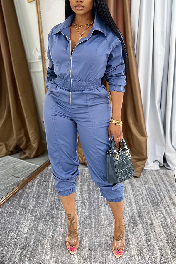 Casual Shirt Collar Zip Up Tapered Jumpsuit