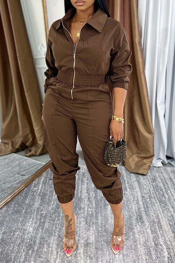 Casual Shirt Collar Zip Up Tapered Jumpsuit