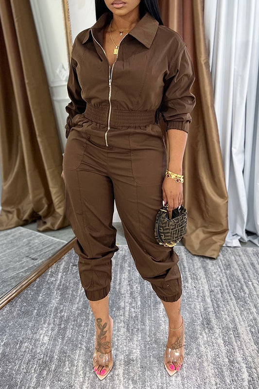 Casual Shirt Collar Zip Up Tapered Jumpsuit