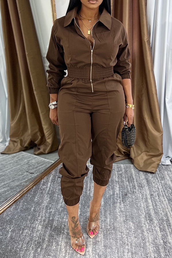 Casual Shirt Collar Zip Up Tapered Jumpsuit