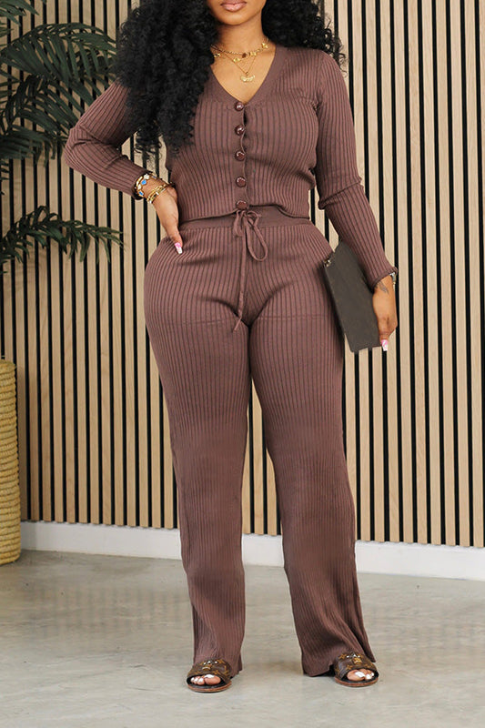 Casual V-Neck Top & Drawstring Pants Set
