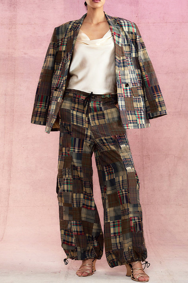 Chic Plaid Blazer & Drawstring Cargo Pants Set
