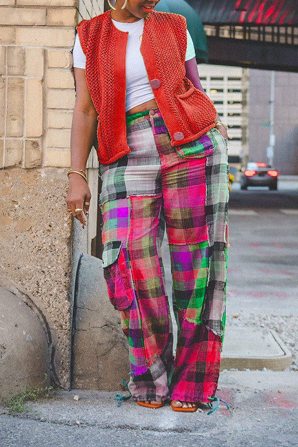 Designer Plaid Color Blocked Straight Leg Pants