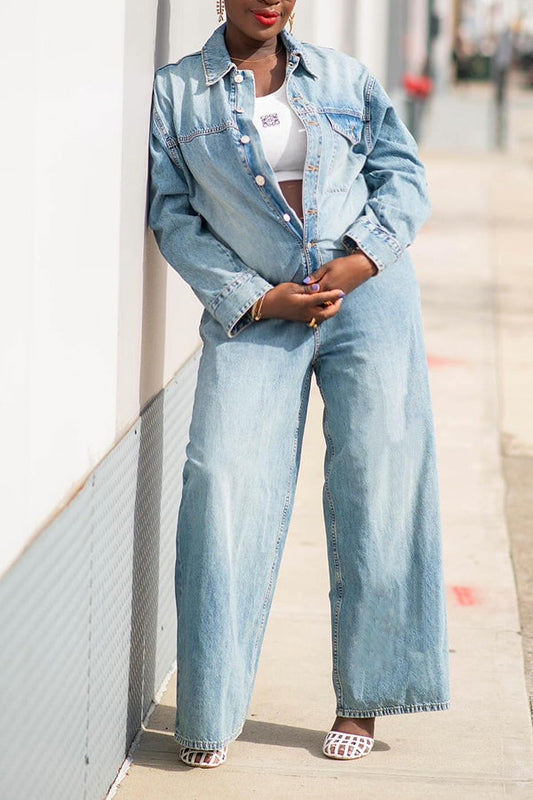 Denim Straight-leg Bleach Wash Jumpsuit