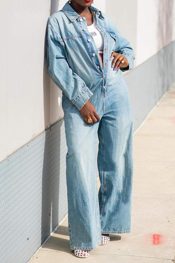 Denim Straight-leg Bleach Wash Jumpsuit
