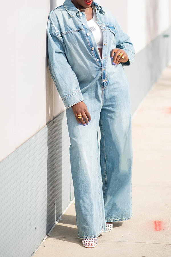 Denim Straight-leg Bleach Wash Jumpsuit