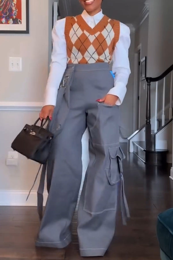 Fashion High-waisted Pocket Decorated Trousers