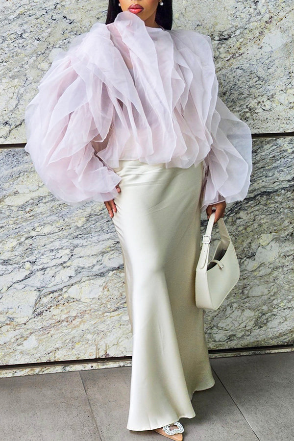 Chic Pink Ruffled Mesh Long Sleeved Shirt