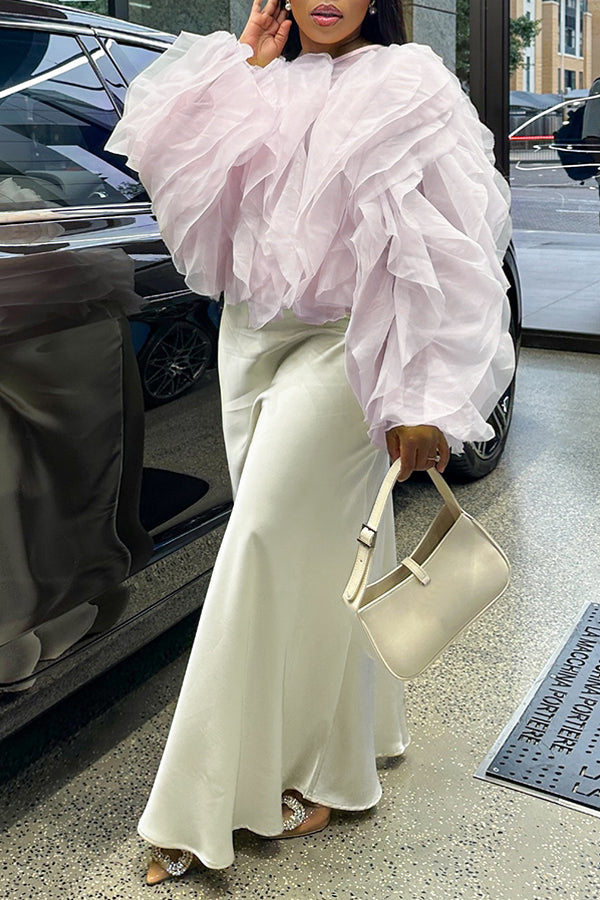 Chic Pink Ruffled Mesh Long Sleeved Shirt