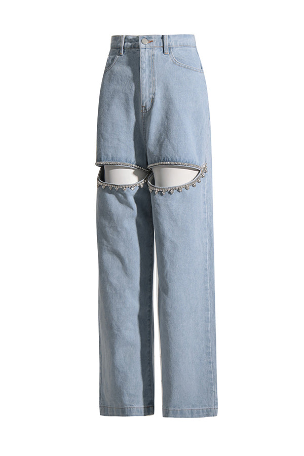 Casual Slit Rhinestone Decoration Jeans