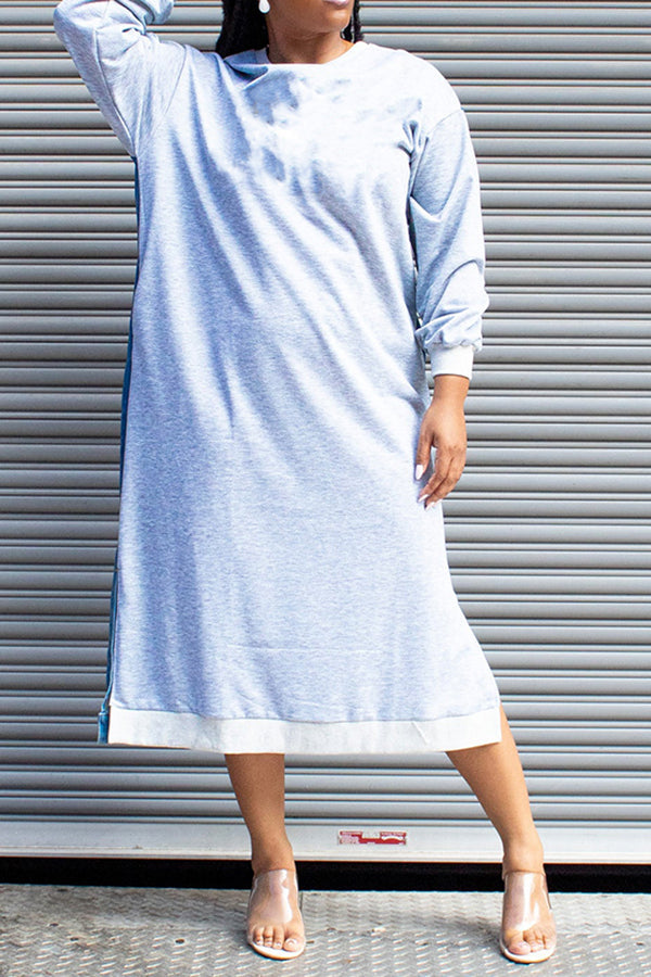 Casual Round Neck Denim Patchwork Midi Dress