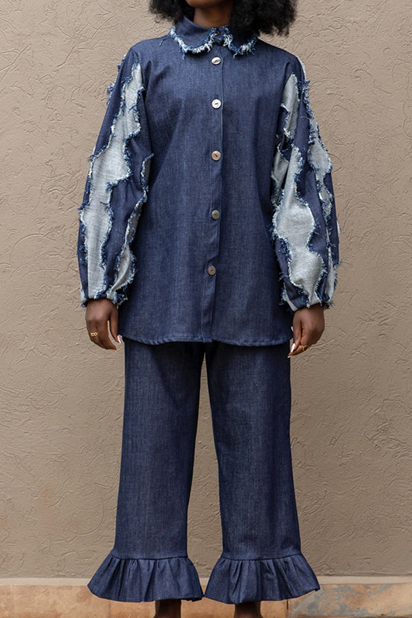 Chic Denim Patchwork Shirt & Pants Set