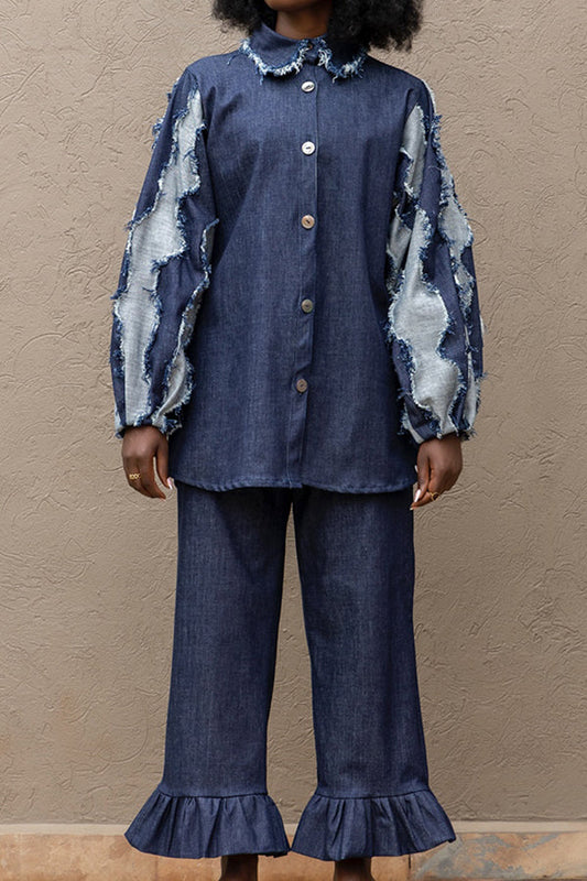 Chic Denim Patchwork Shirt & Pants Set