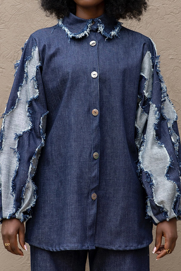 Chic Denim Patchwork Shirt & Pants Set