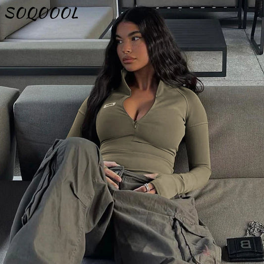 Long Sleeve T Shirt Women Stand Collar Skinny Zip Crop Tops Pullover Causal Basic Skinny Tees Streetwear Sexy Female Clothes