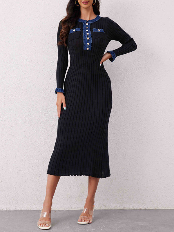 Bodycon High Waisted Buttoned Round-Neck Knit Dresses Midi Dresses