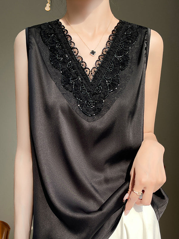 Loose Plus Size Beaded Split-Joint V-Neck Vest Top