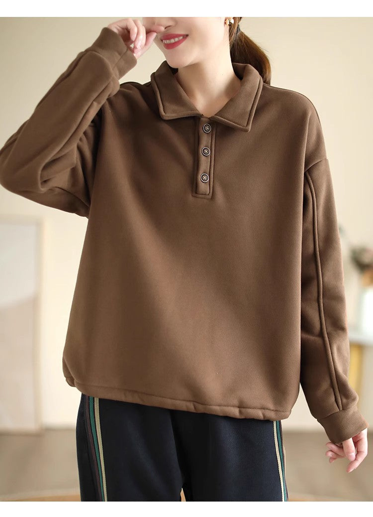 Literary Solid Color Cotton Long Sleeve Sweatshirt