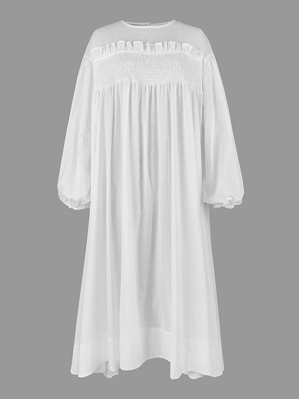 A-Line Long Sleeves Mesh Pleated See-Through Solid Color Split-Joint Round-Neck Midi Dresses