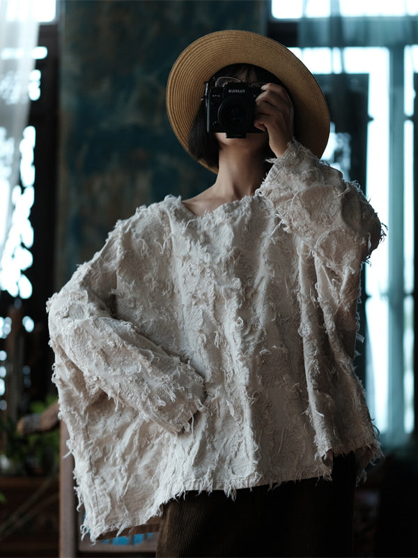 Versatile Cotton Linen Tassel Long Sleeve Blouse