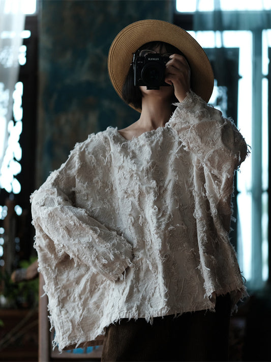 Versatile Cotton Linen Tassel Long Sleeve Blouse