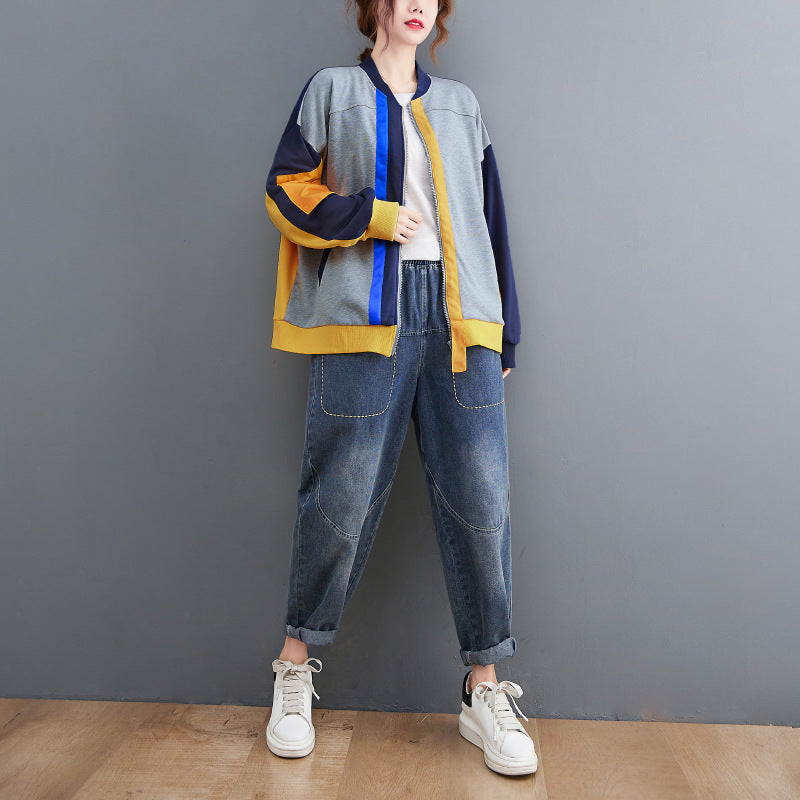 Casual Color Blocking Round Neck Long Sleeve Baseball Jacket