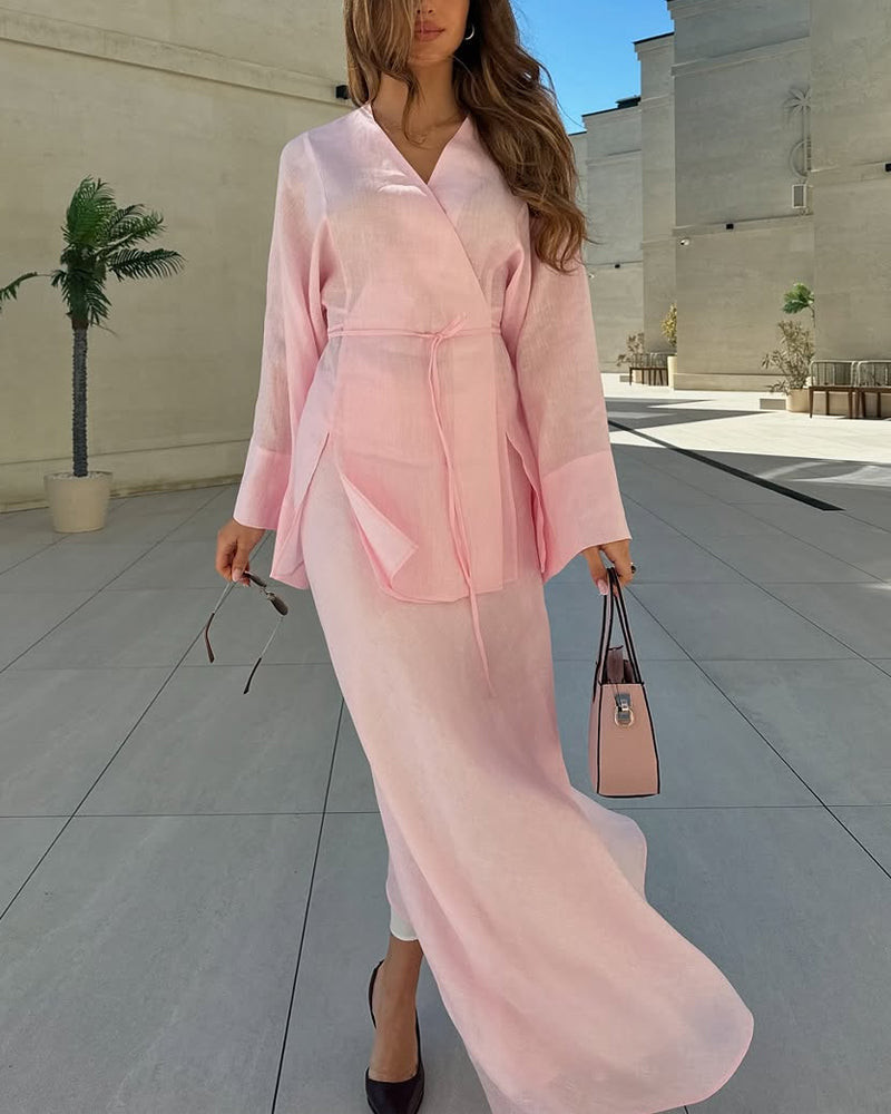 Casual V-Neck Split Shirt & Skirt Two-Piece Set