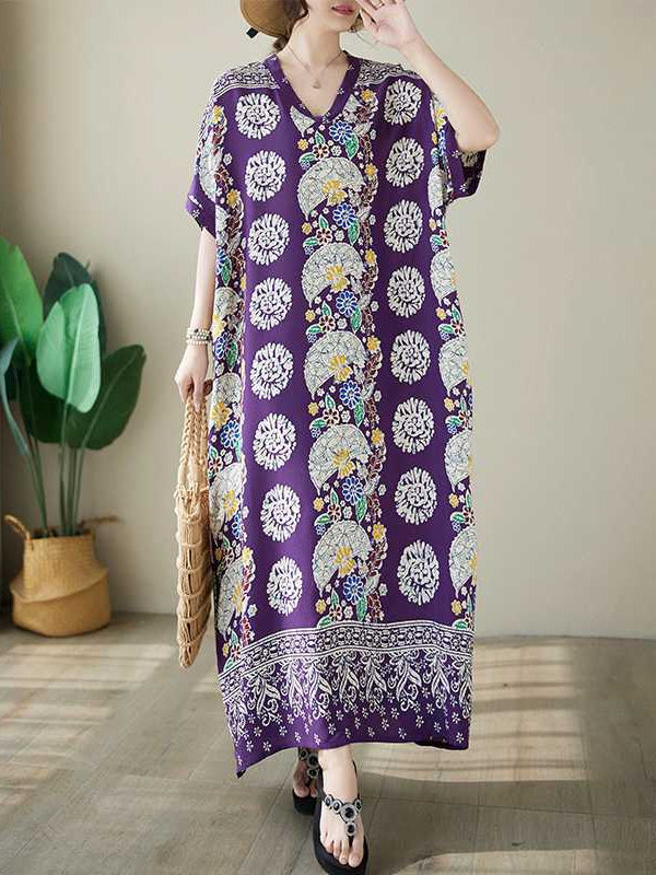 Retro Printed V-Neck Short Sleeve Maxi Dress
