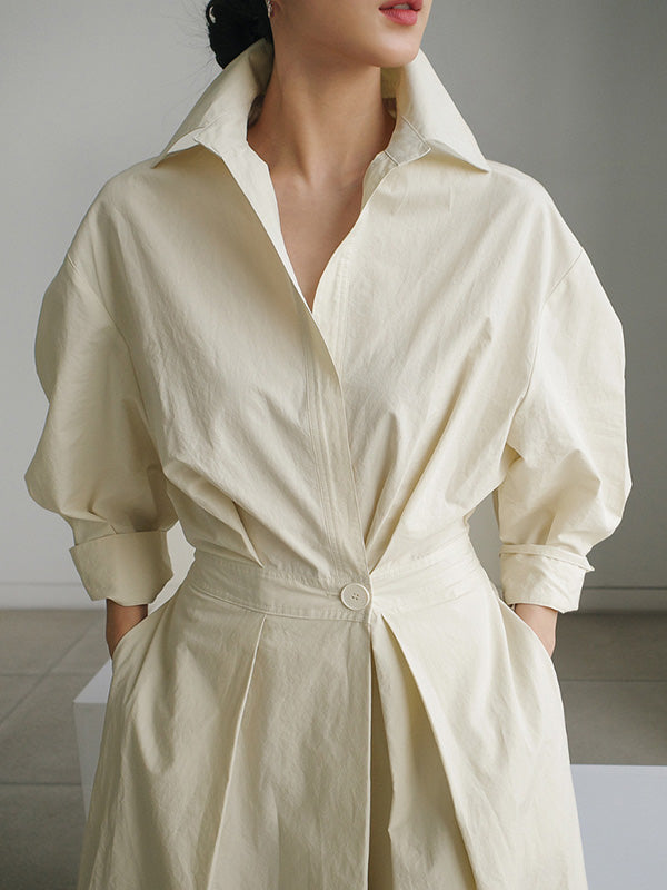 Long Sleeves Loose Buttoned Solid Color Lapel Midi Dresses