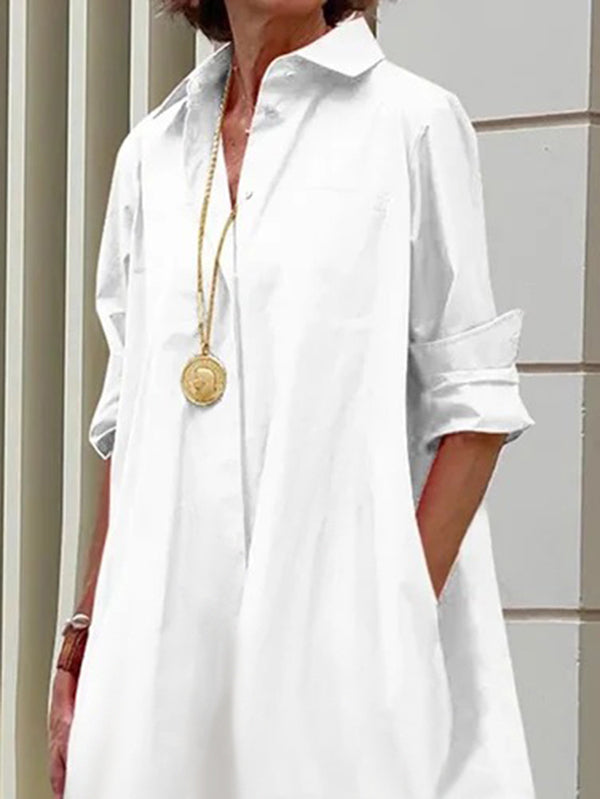 Long Sleeves Loose Pleated Ruffled Solid Color Split-Joint Lapel Midi Dresses Shirt Dress