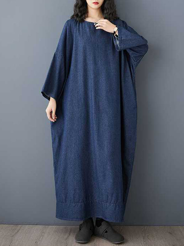 Long Sleeves Loose Solid Color Round-neck Midi Dresses