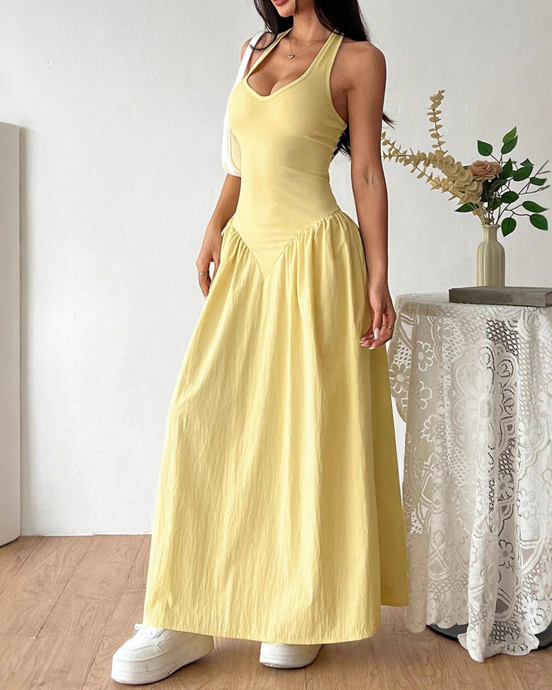 Solid Color Neck Lace-up Dress