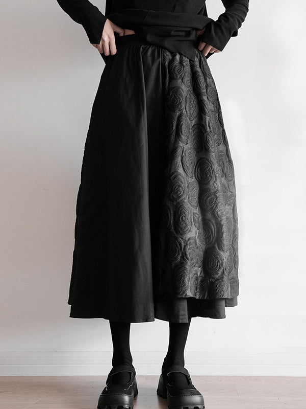 A-Line Loose Double Layered Elasticity Jacquard Solid Color Split-Joint Skirts Bottoms