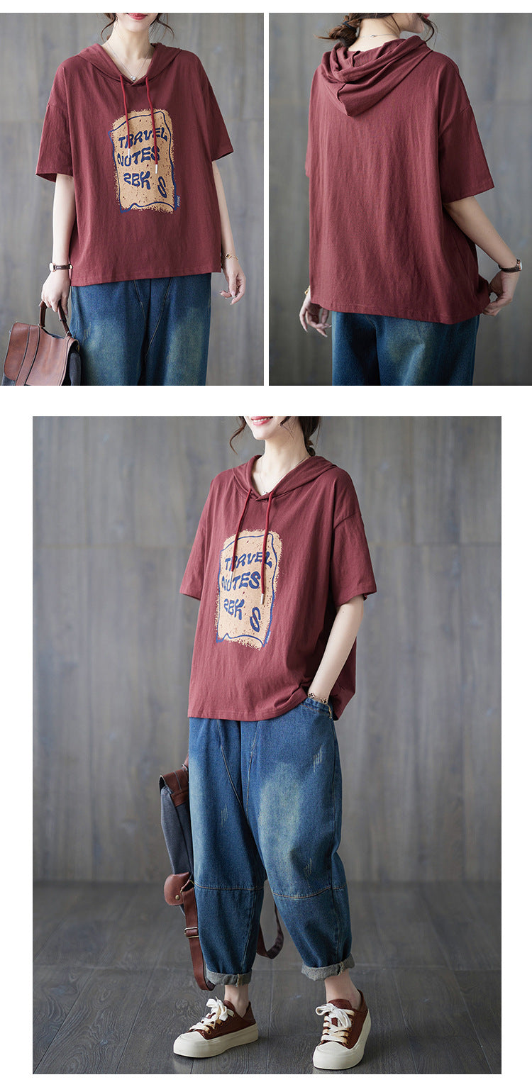 Casual Printed Hooded Short Sleeve T-shirt