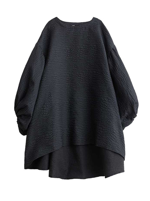 High-Low Long Sleeves Elasticity Solid Color Split-Joint Round-Neck Midi Dresses