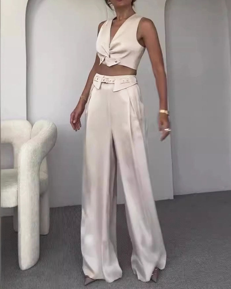 Fashion Commuter V-Neck Vest & Pants Two-Piece Set