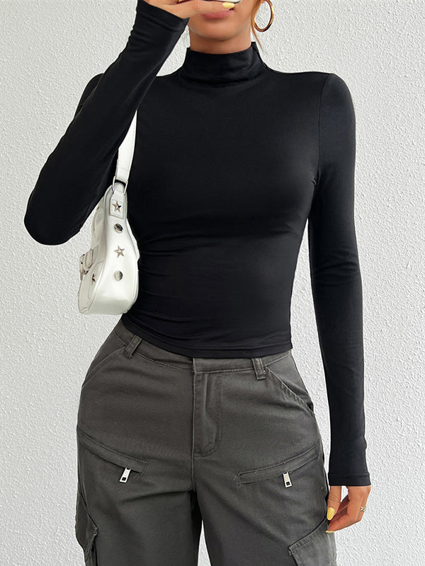 Long Sleeves Skinny Solid Color High Neck T-Shirts Tops