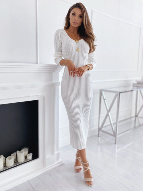 Casual solid color rib low cut V-neck tight long sleeve dress