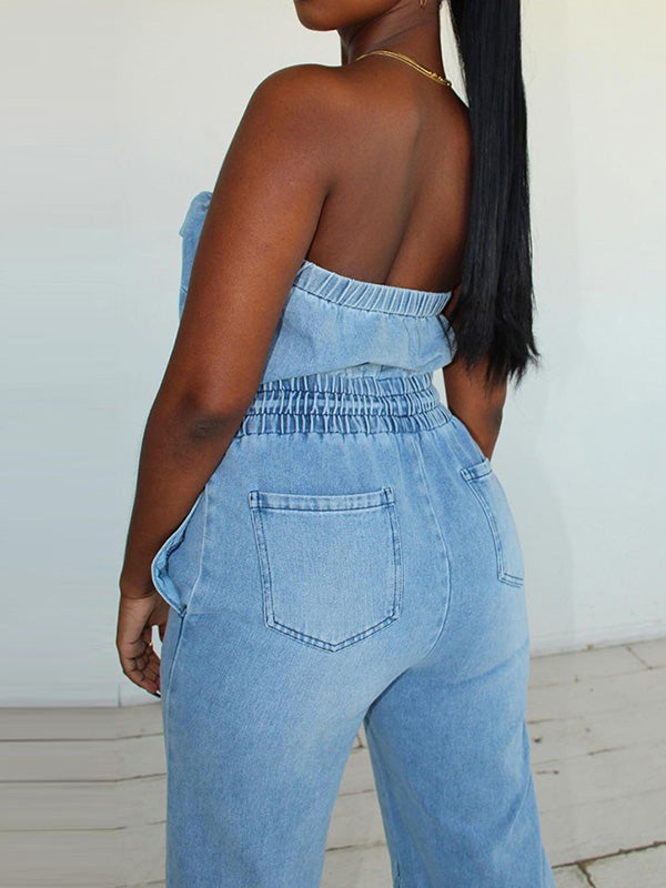 Sleeveless Straight Leg Elasticity Pleated Pockets Split-Joint Tube Jumpsuits