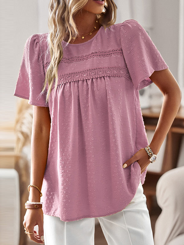 Loose Short Sleeves Hollow Jacquard Pleated Solid Color Split-Joint Round-Neck T-Shirts Tops