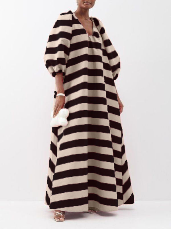 Elegant Striped Puff Sleeve Maxi Dress