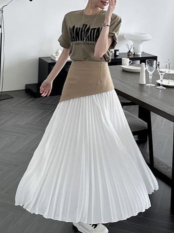 A-Line Loose Contrast Color Pleated Split-Joint Skirts Bottoms