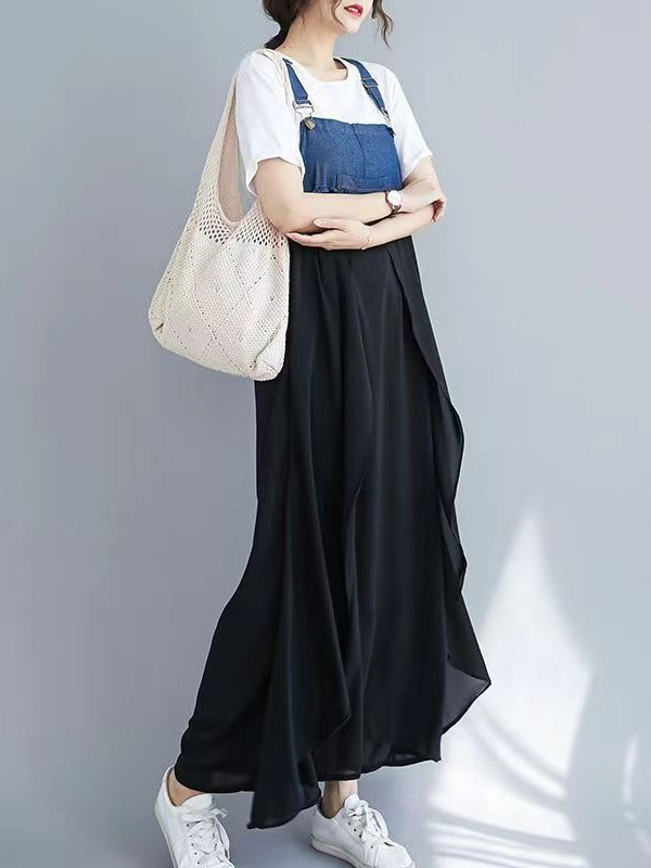 Loose Denim Splicing Suspender Maxi Dress
