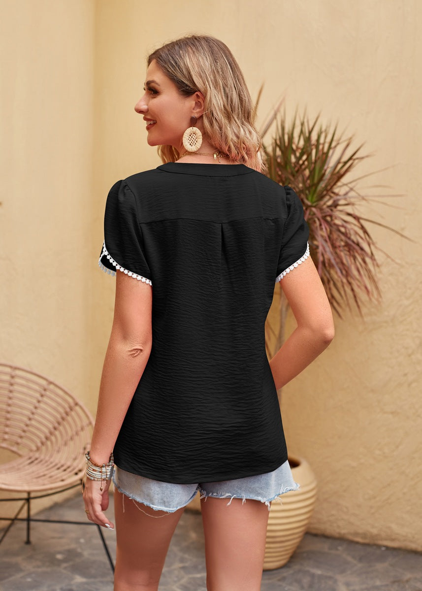 Simple Chiffon V-neck Short Sleeve T-shirt