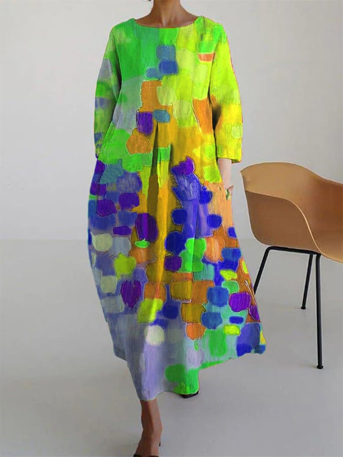 Print Pockets Bracelet Sleeve Maxi Dress