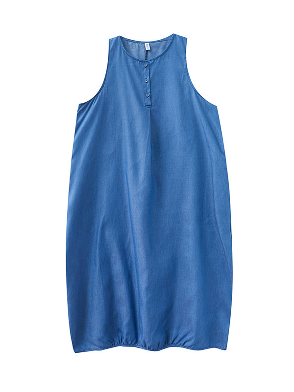 A-Line Loose Buttoned Pleated Solid Color Round-Neck Midi Dresses